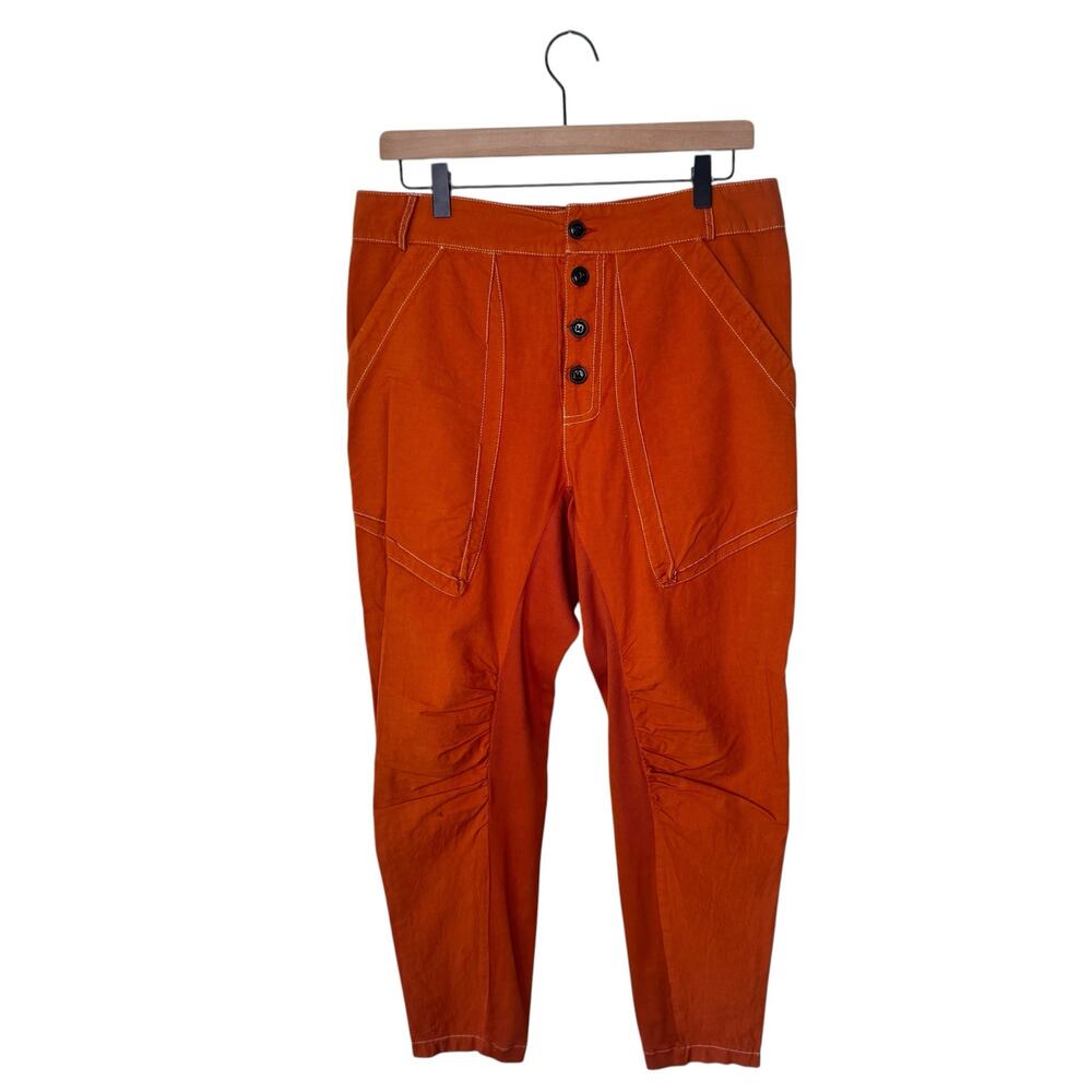 PRAIRIE UNDERGROUND Button Fly Organic Cotton Ribbed Pants Small Pumpkin Orange